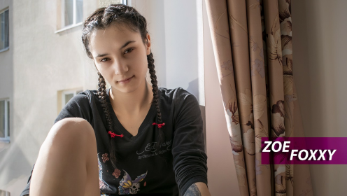 Zoe Foxxy - Exhibitionist teen takes huge dick at hotel window